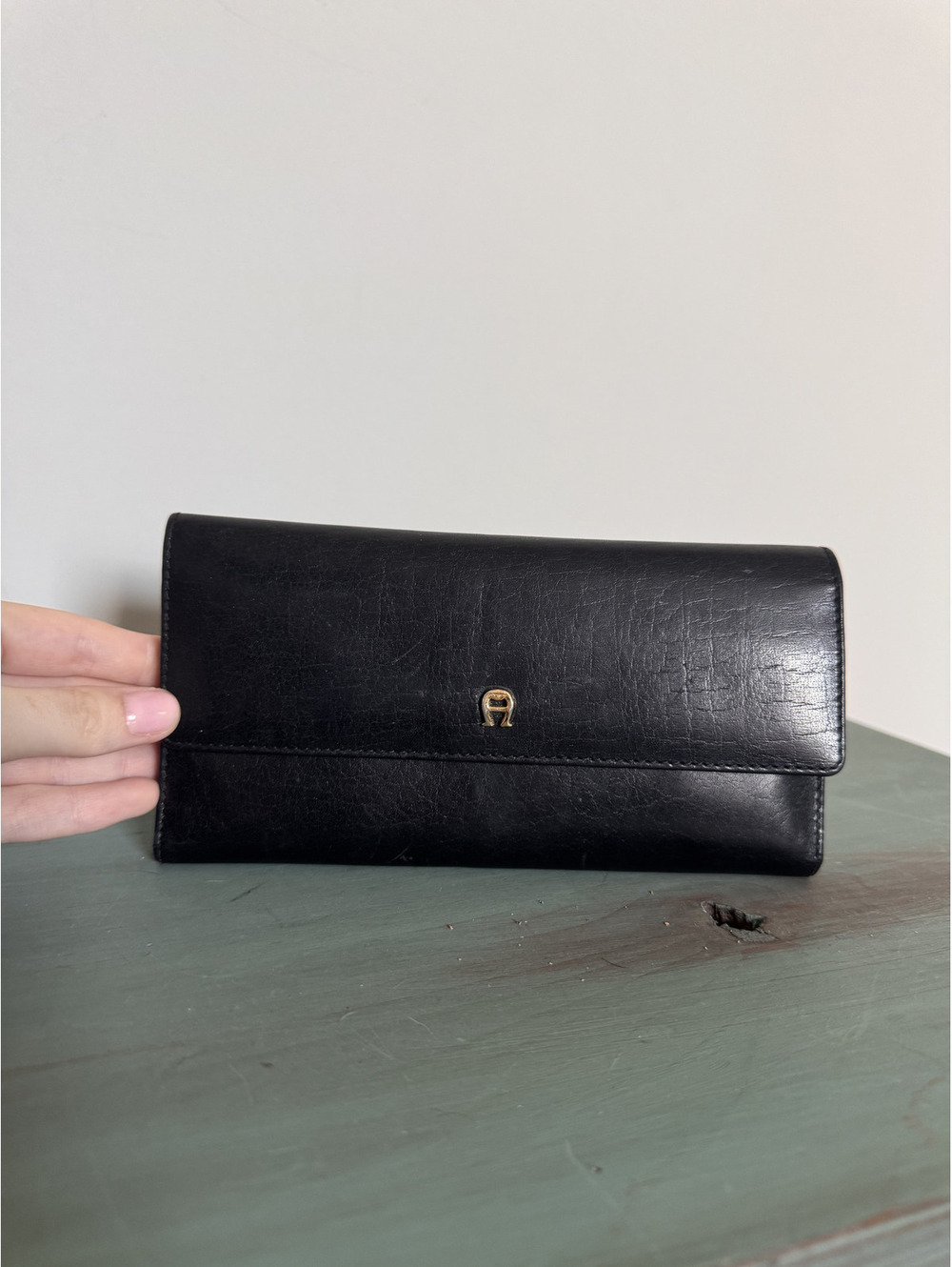 VTG Etienne Aigner Black Genuine Leather Trifold Long Wallet